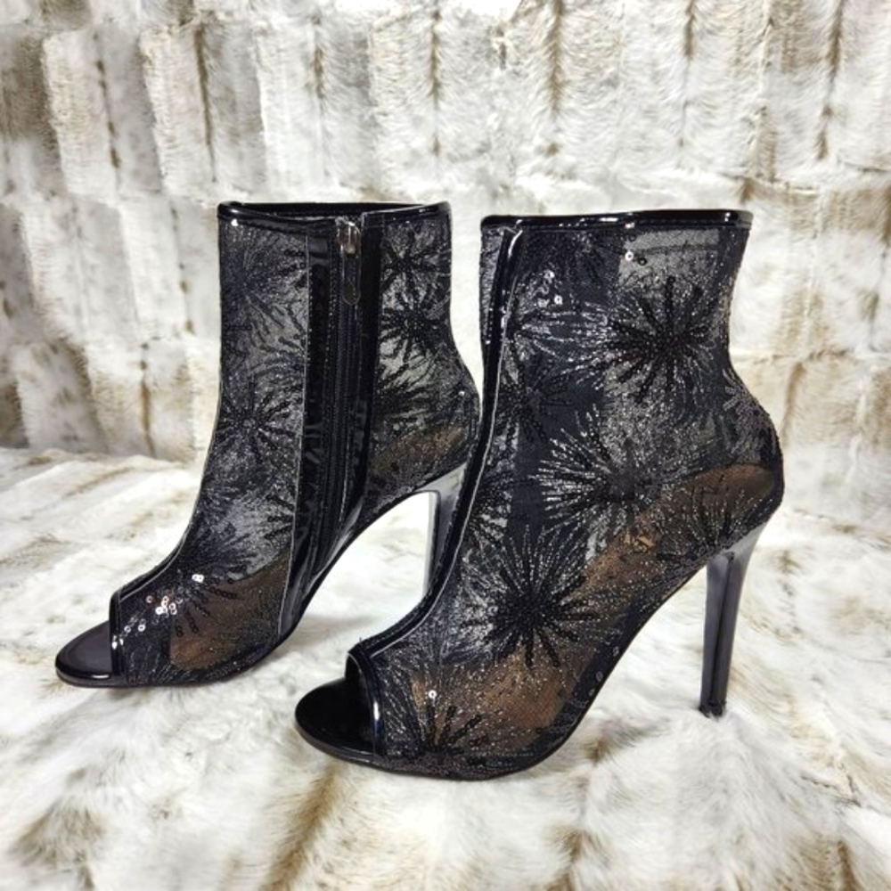 ☆ Mack J Black Mesh Starburst Sequin High Heel Ankle Boots